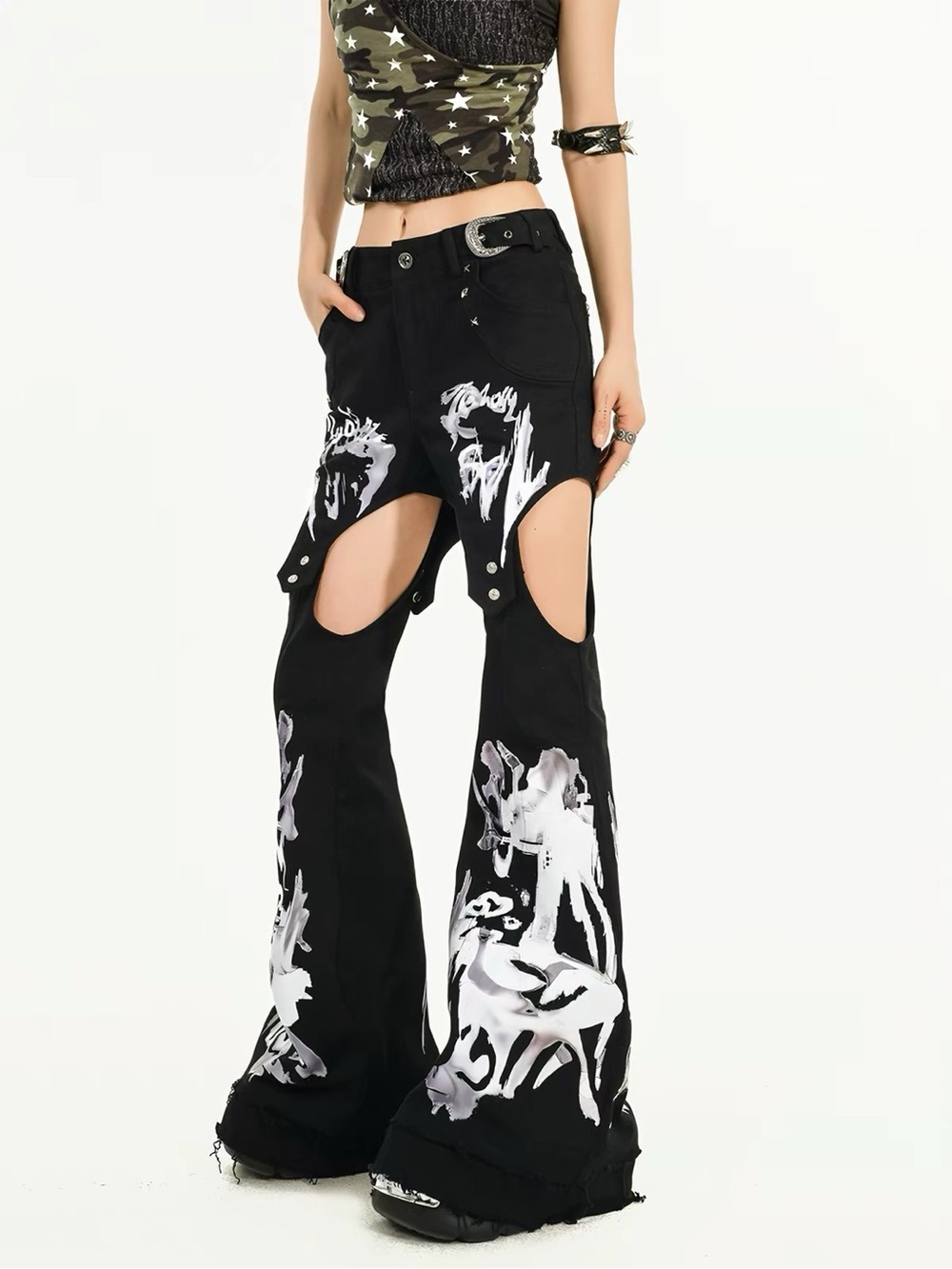 Black Cut-Out Flared Pants with White Paint Graphic